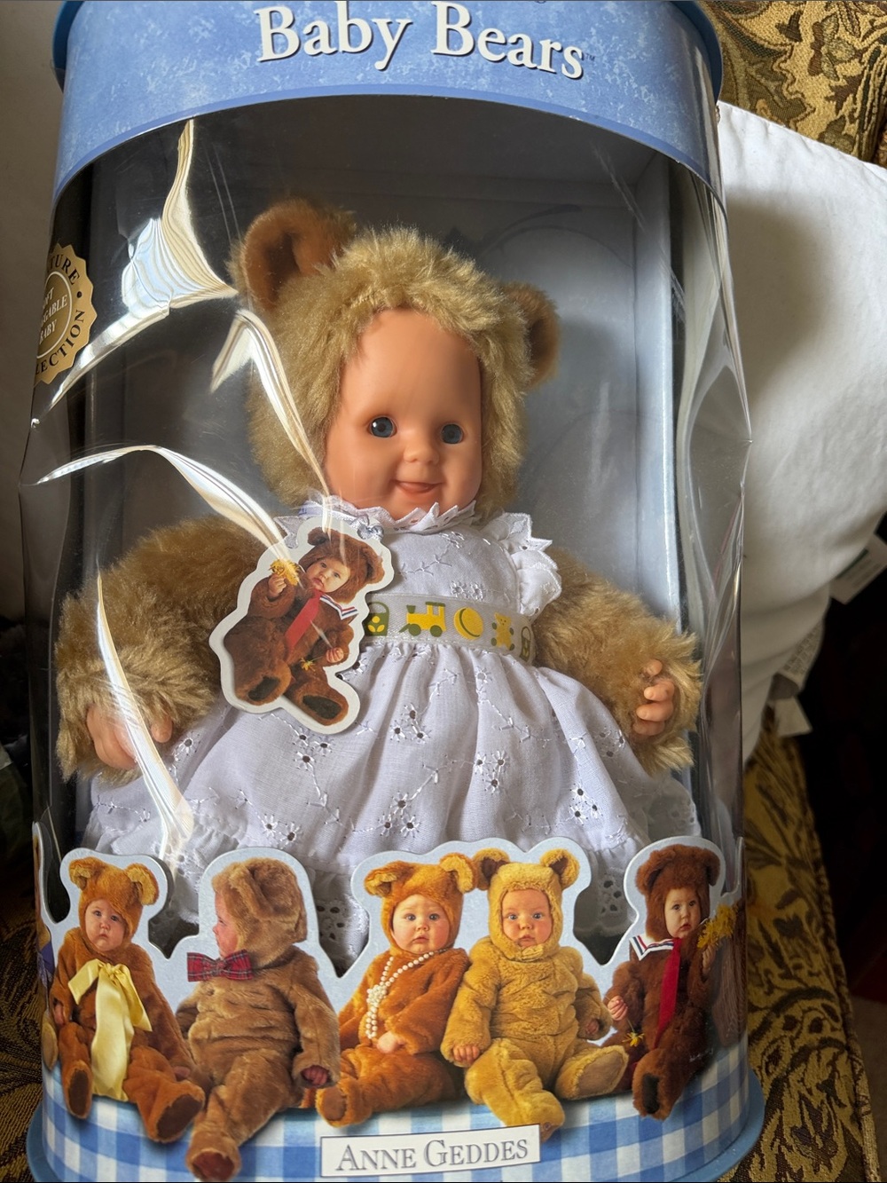 Anne Geddes Baby Bears Plush Doll in Brown with White Dress